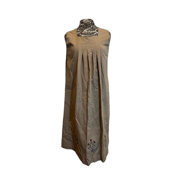 Vintage Style 90s Handmade Pinafore Dress Brown‎ Painted Tulips Cottagecore L - Picture 1 of 15